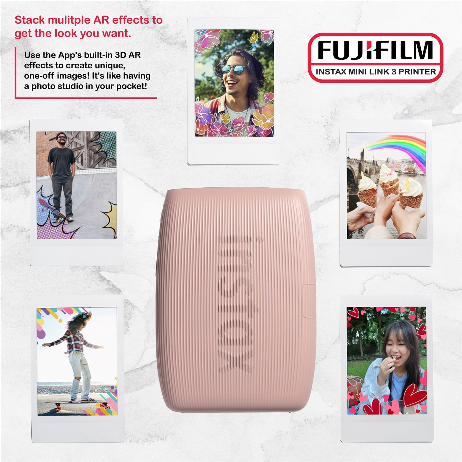Fujifilm Instax Mini Link 3 Printer (Rose Pink) Bundle with Fujifilm Instax Mini film (40 sheets), Mini LINK 3 Protective Case