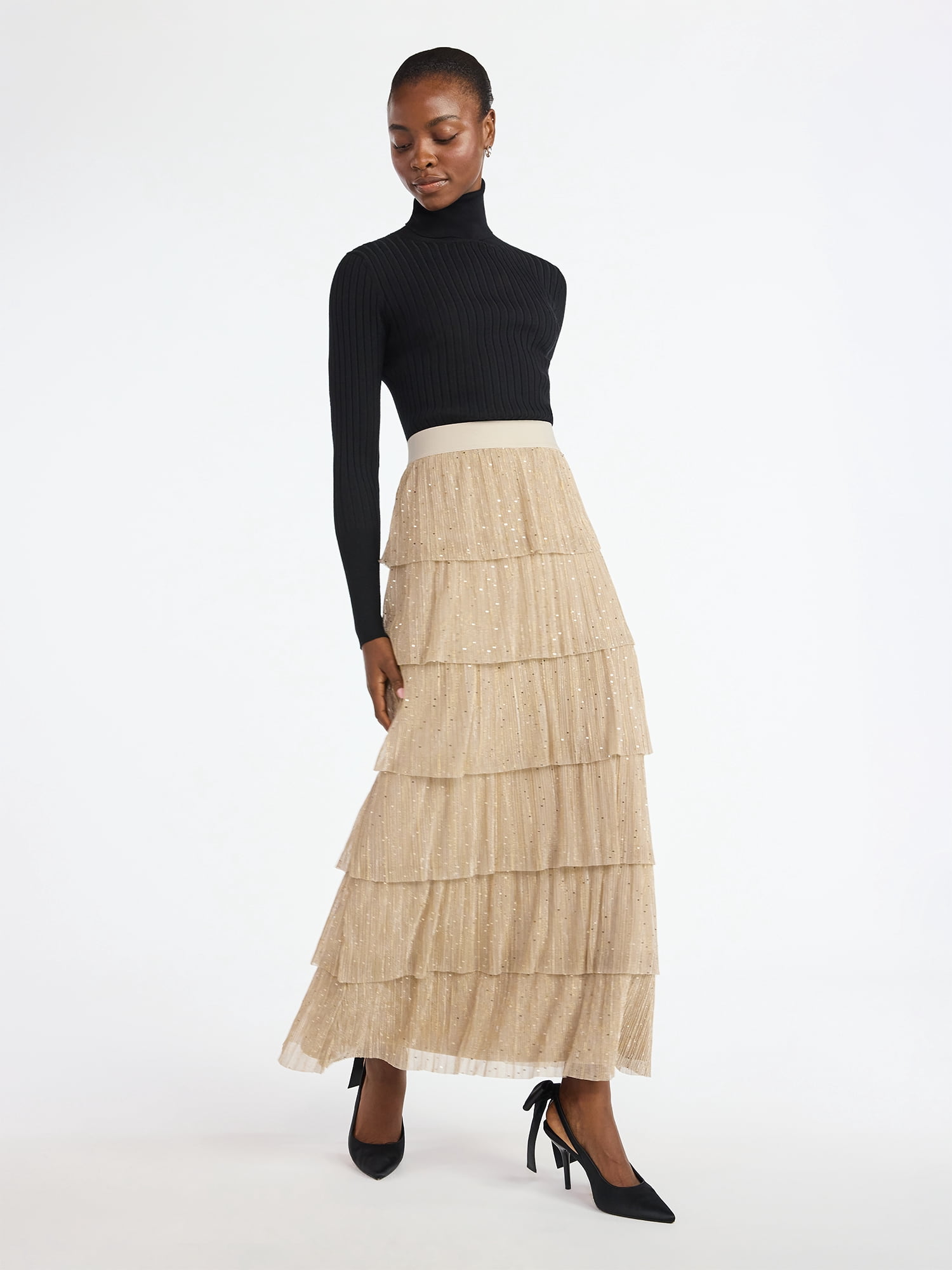 Scoop Women's and Women's Plus Glitter Ruffle Maxi Skirt, Sizes XS-4X