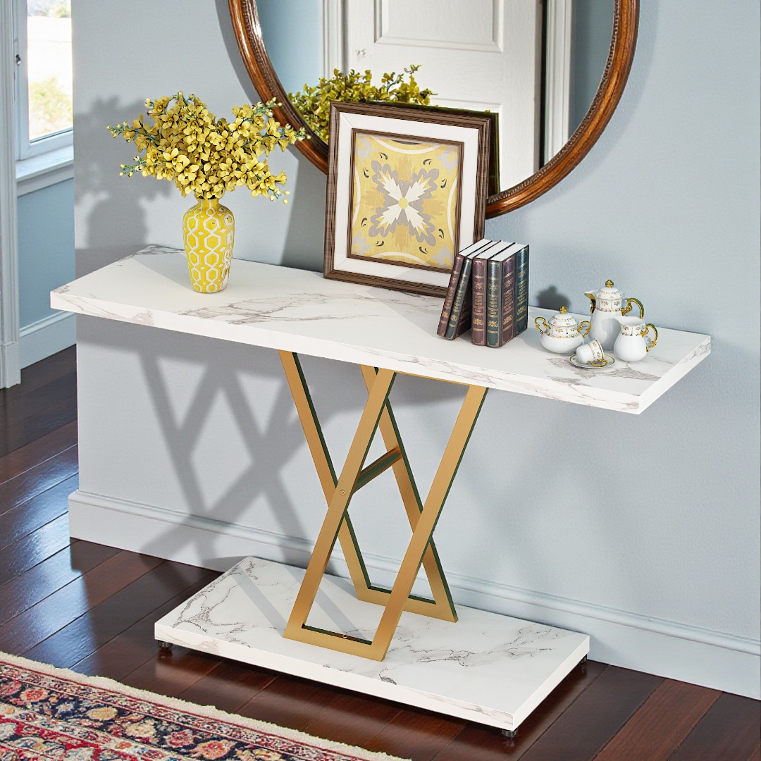 IVV Modern Console Table, 42.1 Inch Sofa Table with Gold Metal Base, 2-Tier Long Skinny Table for Hallway, Entryway, Living Room, Foyer