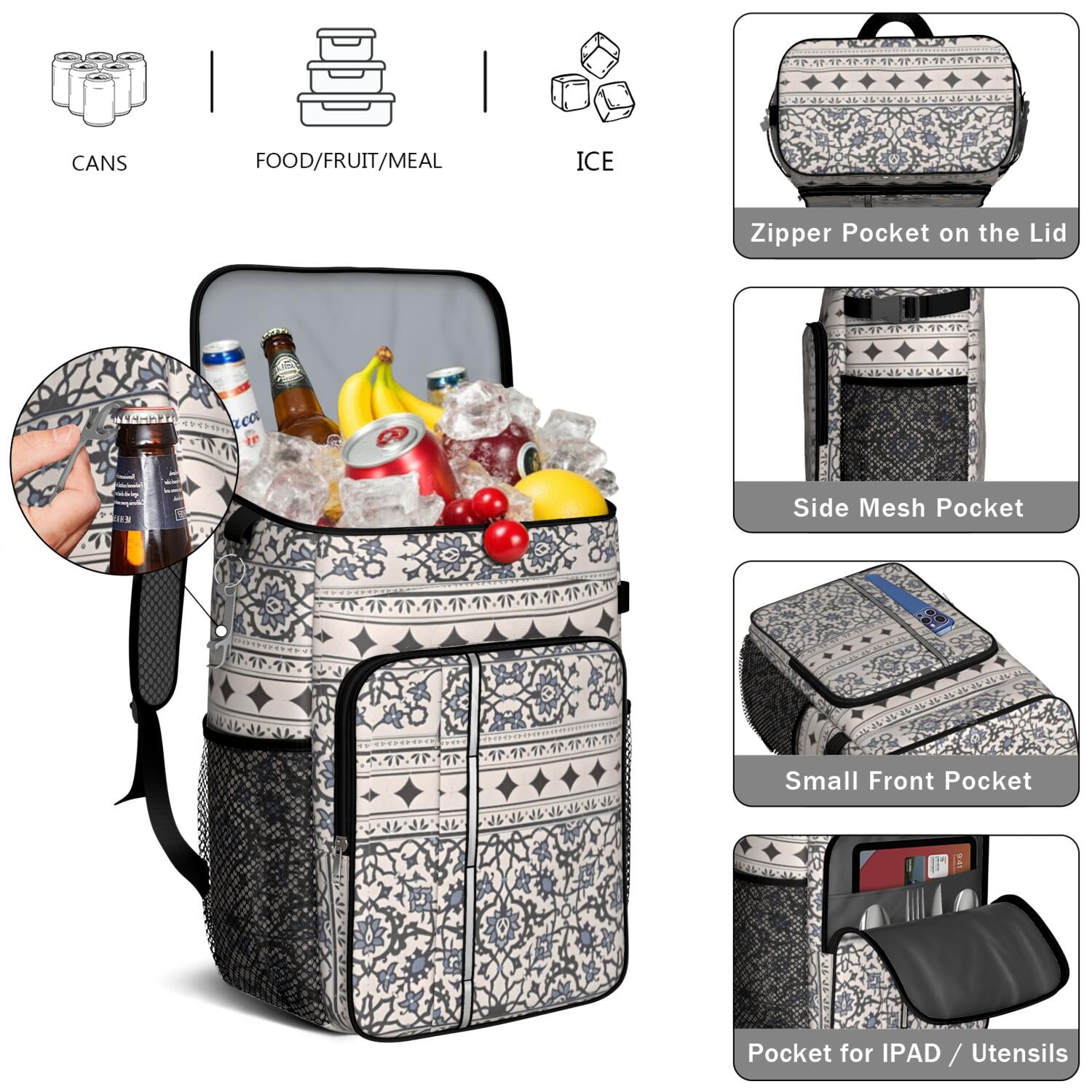 Travel Cooler Bag - Boho Bohemia Pioneer Flower Geometric Line Art Camping Beer Cooler Backpack with Bottle Opener- Waterproof Insulated Picnic Backpacks - Cooler Bag for Beach