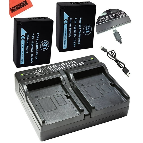 BM Premium 2 NP-W126, NP-W126S Batteries and Dual Battery Charger For Fujifilm FinePix X100F, X-T10, X-T20, X-Pro1, X-Pro2, HS35EXR, HS50EXR, X-A1, X-A2, X-A3, X-E1, X-E2, X-E2S, 1 X-M1, X-T1, X-T2