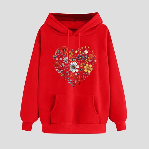 Crunowin Women Hooded Sweatshirts, Long Sleeve Loose Fit Heart Printed Fashion Pullover Tops Red S