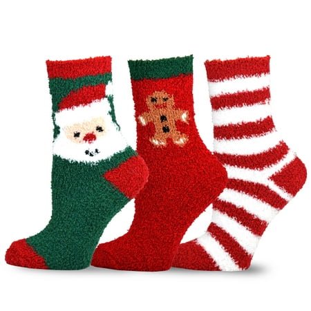 TeeHee Christmas Holiday Cozy Fuzzy Crew Socks 3-Pack for Women (Santa and Stripes)