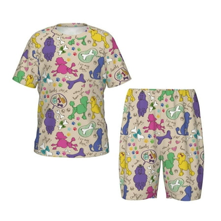 Sikiie Colorful Poodle Dog Print Children s Short-sleeved Pajamas Set  Round Neck Top with Elastic Waist and Shorts  Two-piece Set  Suitable for Pajamas and Home Clothes-