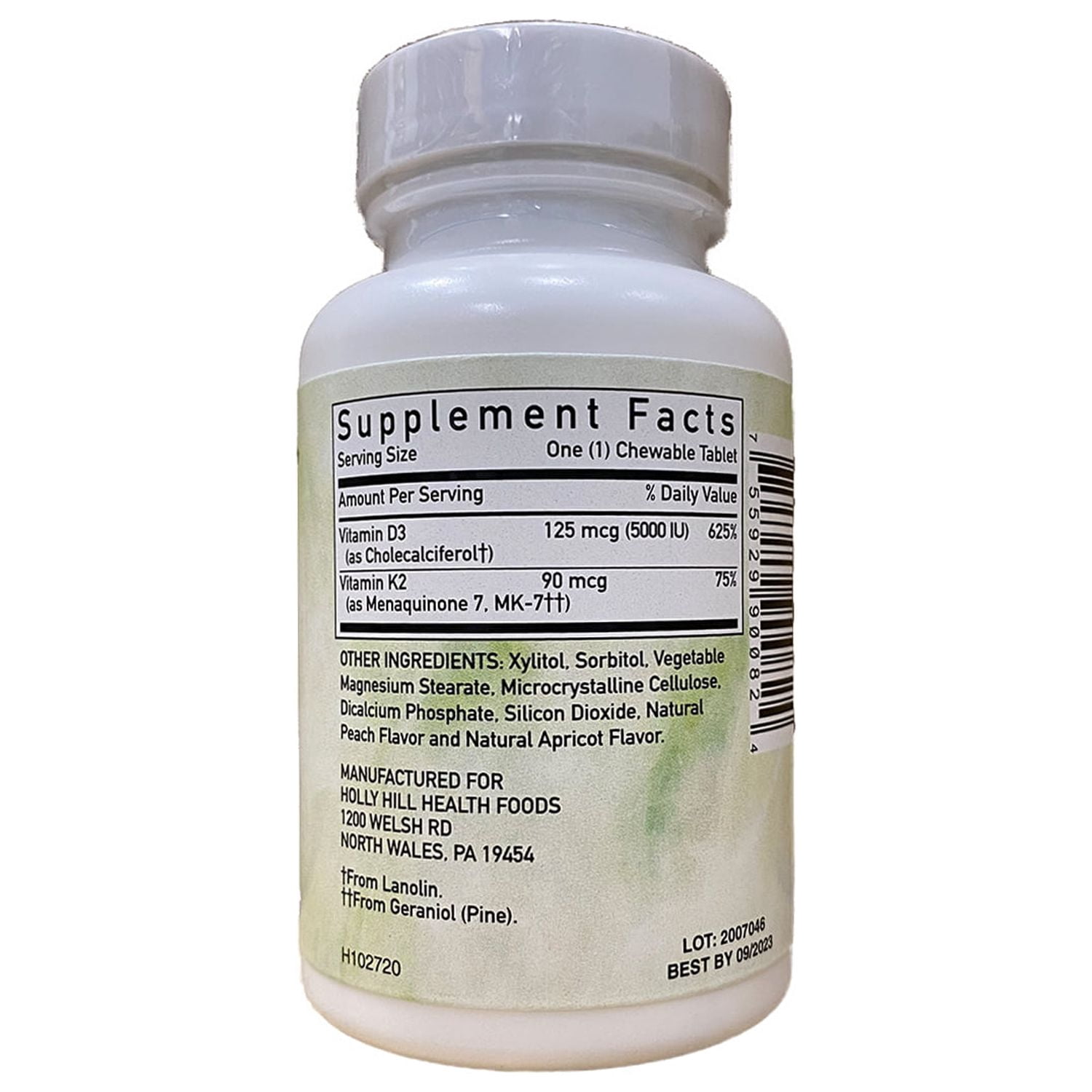 Holly Hill Health Foods D3 + K2 Formula, 90 Vegetarian Chewable Tablets