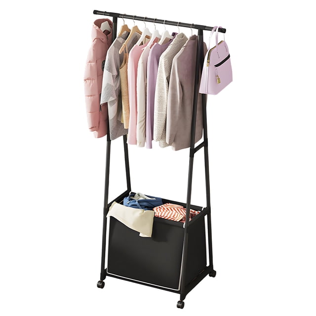 Mistaha Mobile Multi-functional Clothes Rack with Dirty Clothes Basket, Triangle Hat Stand, Space-saving Assembly Storage Shelf, Single-pole Clothes Hanger, Rolling Laundry Rack - Black