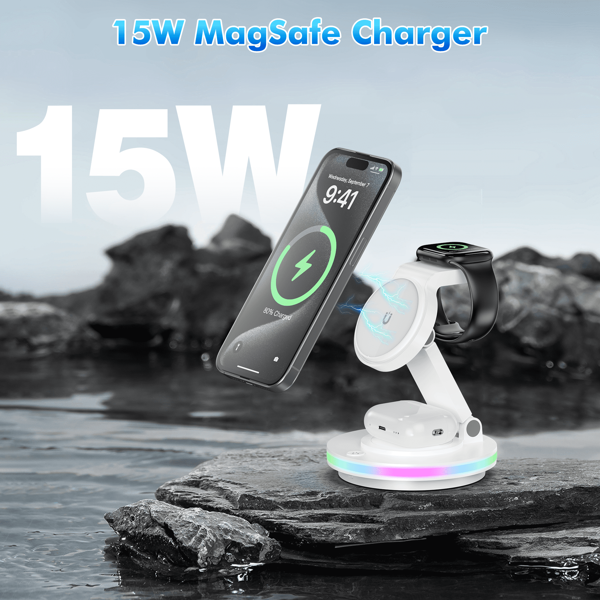 OWNTECH 20W 3-in-1 Wireless Charging Station Compatible with iPhone 16/15/14/Pro/Max, Apple Watch, AirPods Pro/4/3/2 - Fast Charger Pad with Night Light & Adapter Included (White)