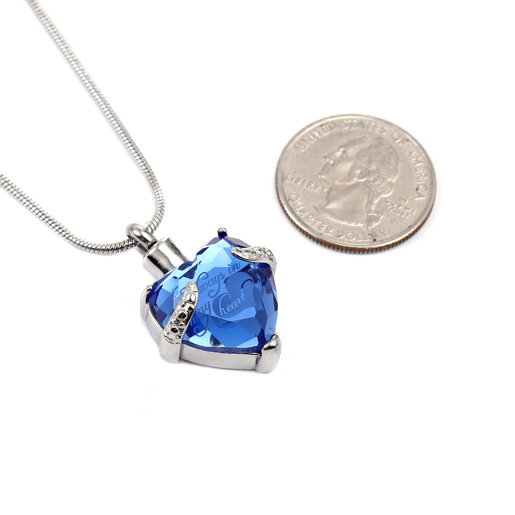 Women's Blue "Always in My Heart" Rhinsestone Heart Cremation Urn Necklace for Ashes Funeral Remembrance Urn Jewelry Memorial Pendant with Free Fill Kit and Gift Box