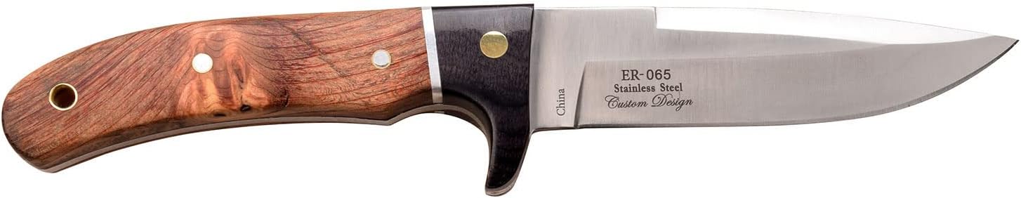 Elk Ridge ER-065 Fixed Blade Knife - 4.75" 3Cr13 Stainless Steel Blade, Wood Handle, Full Tang Outdoor Hunting Survival Tactical Knife with Nylon Sheath