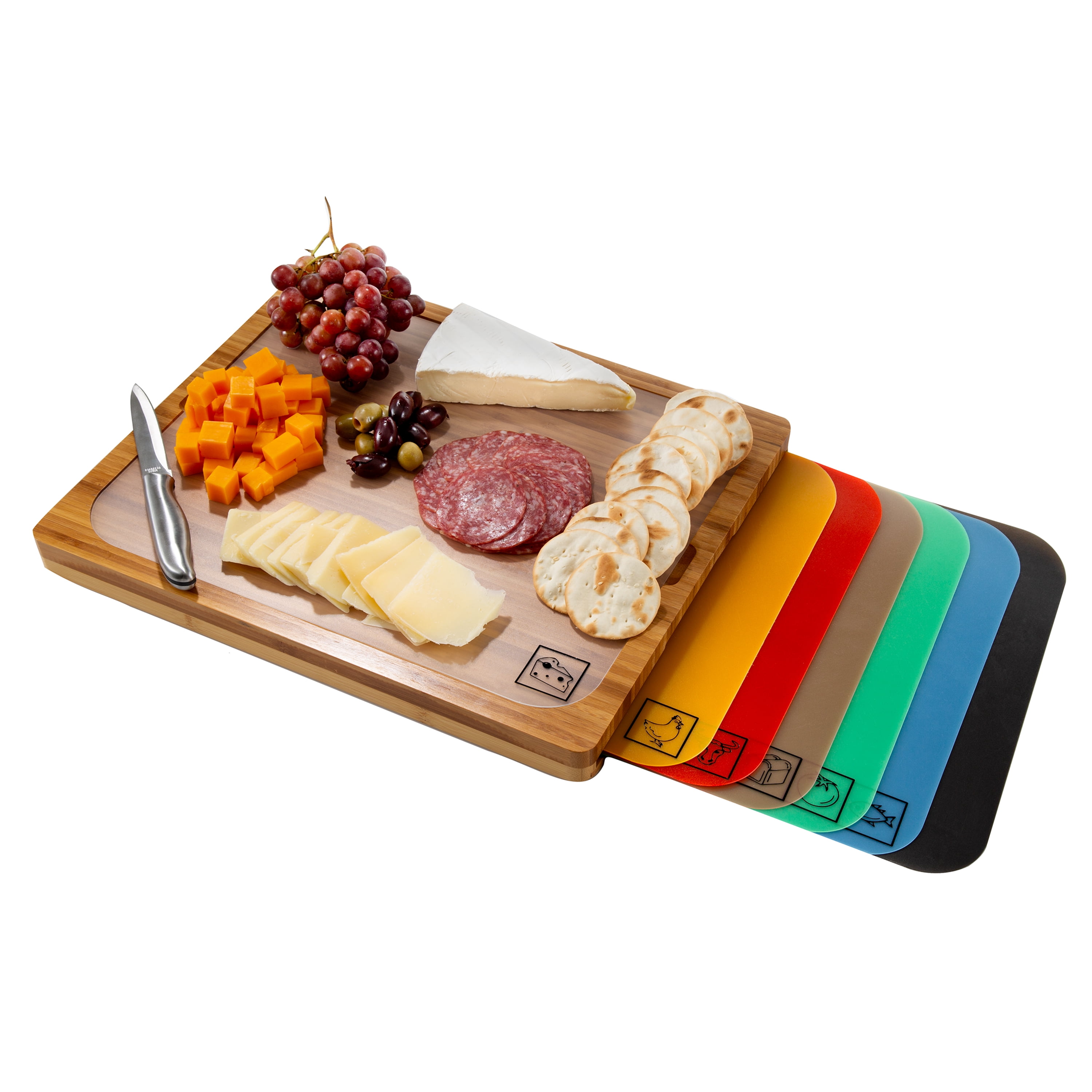 Seville Classics Bamboo Cutting Board w/ 7 Color-Coded Cutting Mats