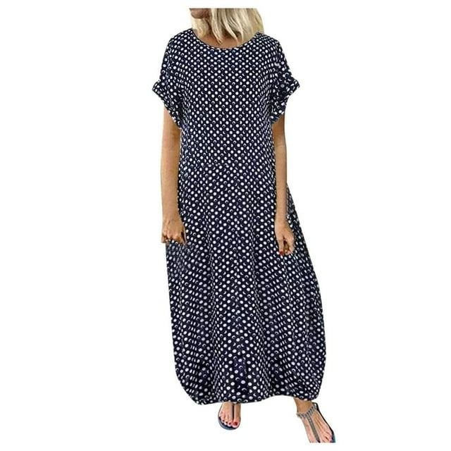 Robe Blanche Femme Décontractée à Pois Manches Courtes Col Robe Maxi