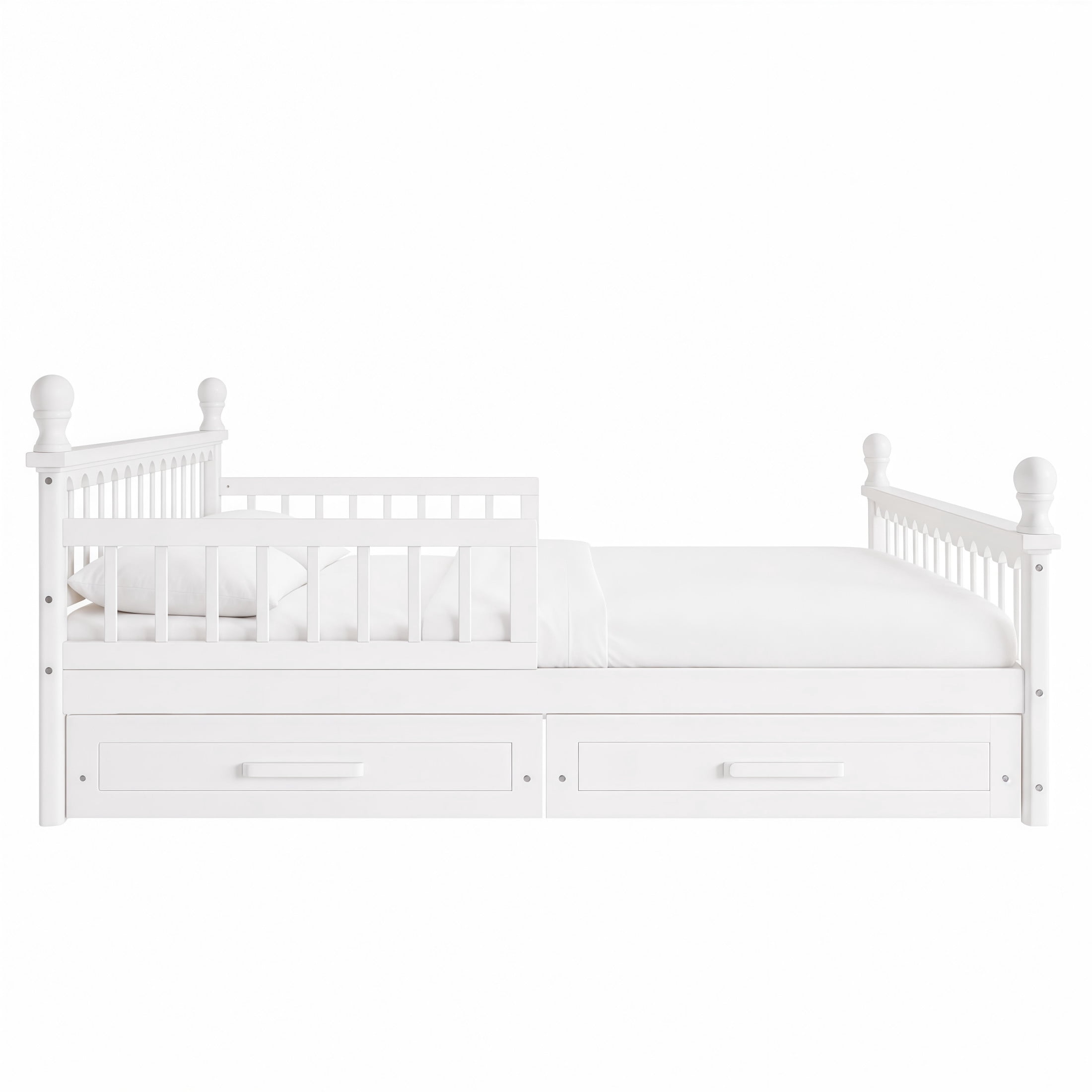 Noble House Orielle Full Kids Bed Frame with Storage Drawers, Low-Profile Platform Bed with Safety Guardrails, White