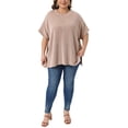 thumbnail image 2 of Agnes Orinda Women's Plus Size Striped Tops Crew Neck Short Sleeve Shirts Side Slit Summer Casual Blouse 2X Khaki, 2 of 6