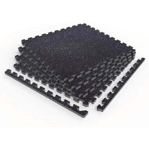 Norsk Rubber-Tec Floor Tiles for Gym & Workout Equipment, .70" Thick, 25"x25" 4 Tiles & 8 Trim Pieces, 17.64 Square Feet, Blue/White Flecks