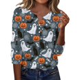 thumbnail image 2 of Halloween Tops for Women Cute Ghost Pumpkin Printed V Neck Quarter Button Long Sleeve Fashion Festival Party Top Multicolor S, 2 of 5