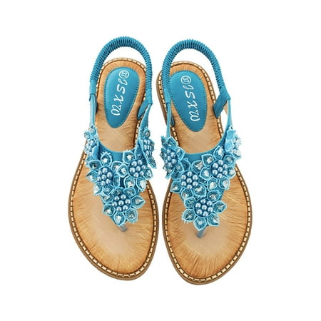 

Lacyhop Women Beach Shoes Summer Thong Sandals Bohemian Flat Sandal Party Elastic Band Lightweight Slip On Blue 8.5