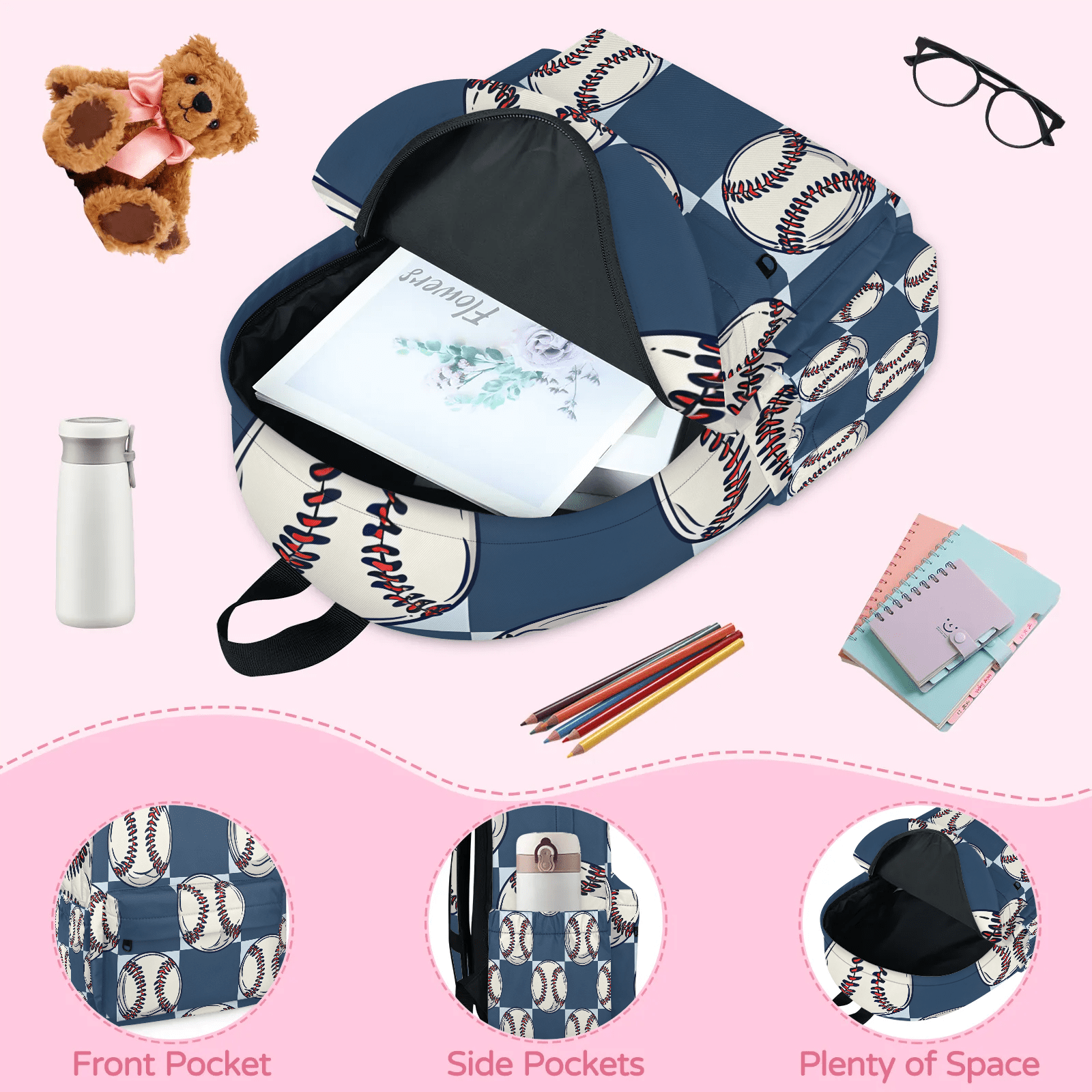 Herdesigns Baseball Backpack for Men Women, Lightweight Laptop Backpack 16.3 Inch Baseball Print Casual Daypack for Travel Work Commuter