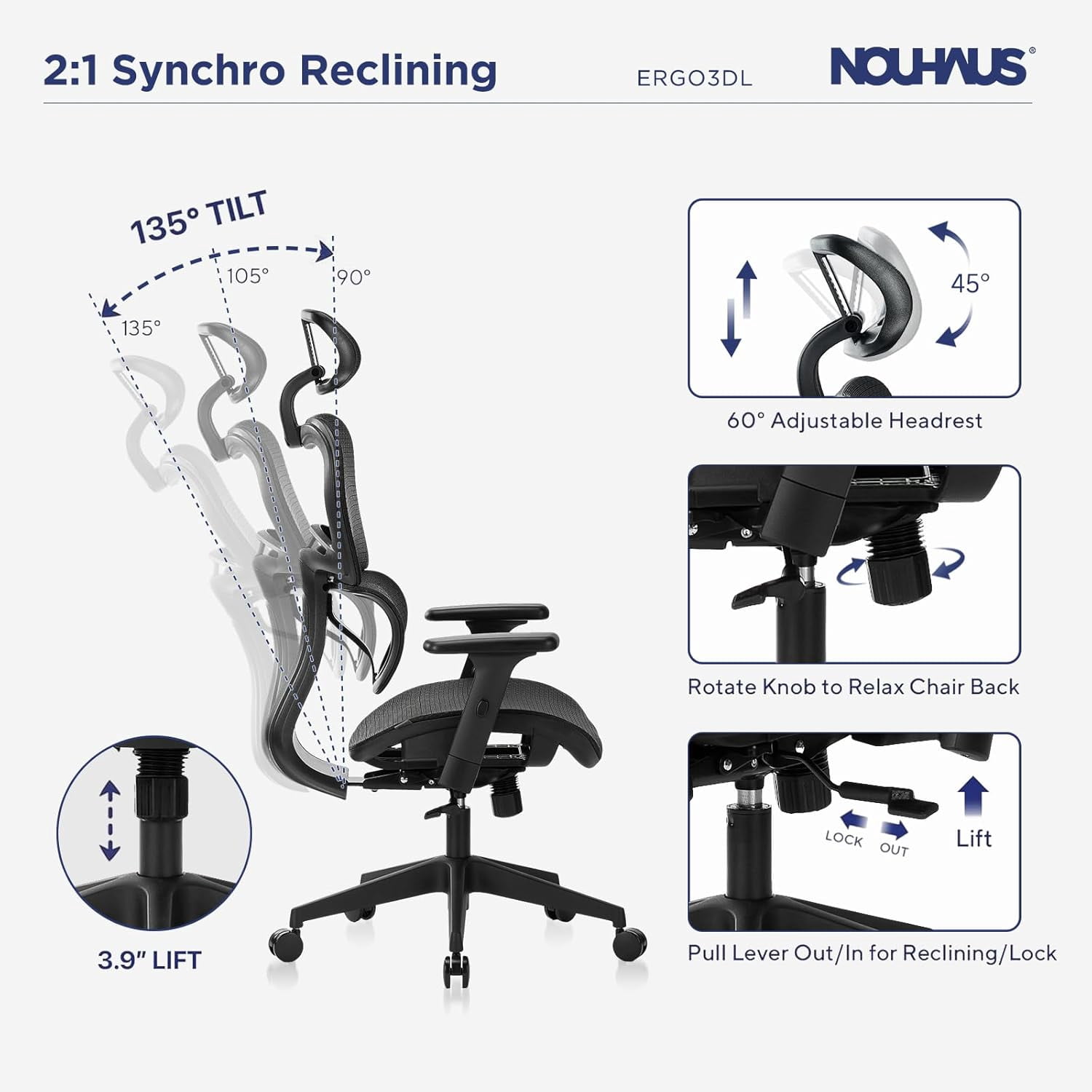 NOUHAUS Ergo3DL Ergonomic High-Back Mesh Office Chair with Adjustable Headrest, Lumbar Support, and Armrests, Black