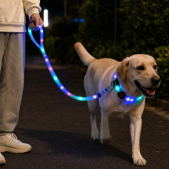 LED Light Up Dog Collar and Leash Set, USB Rechargeable Glowing Pet Neck Band, 5-Color Night Safety Light for Dogs Walking