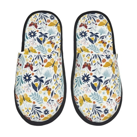 Balery Flowers Butterfly Slient Indoor Furry Fleece Comfort House Shoes Soft Non-Slip Home Shoes Cotton slippers House Slippers-- Medium