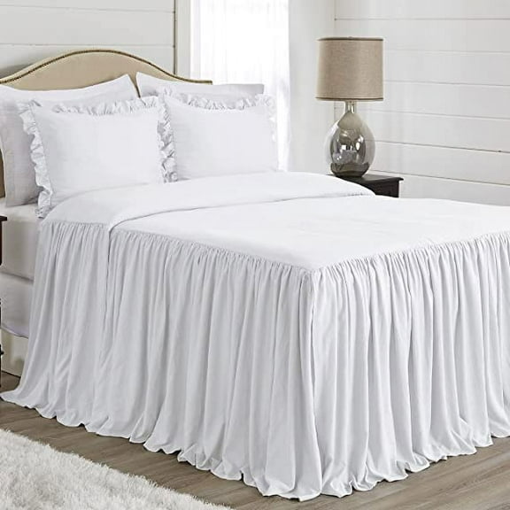 Sweet Jojo Designs Gathered Bedspread White Queen Size Extra Long Bedspread Cover 3 Piece Set