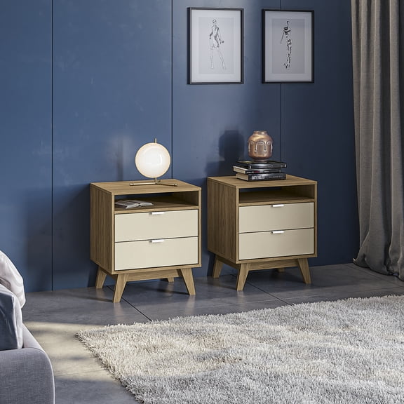 Kappesberg Hanford Brown & Creme 21.25"W 2‑Drawer Nightstand Set, 2‑Piece  - Light Brown/Cream - for Adults and Teens