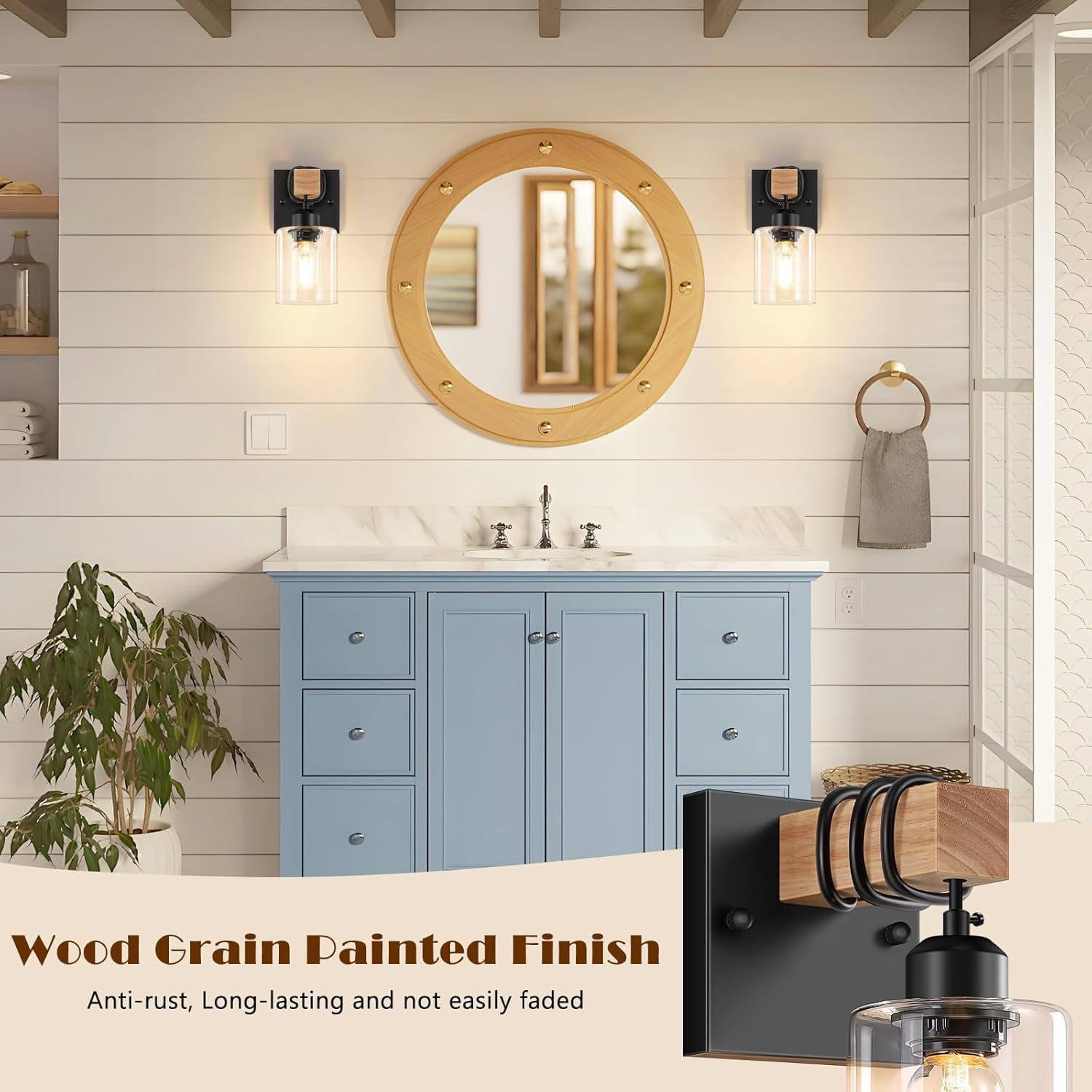 Set of 2 Wall Sconces Farmhouse Matte Black Bathroom Vanity Light with Clear Glass Shades Indoor Wall Mount Lighting Fixtures for Bedroom Living Room Mirror Kitchen
