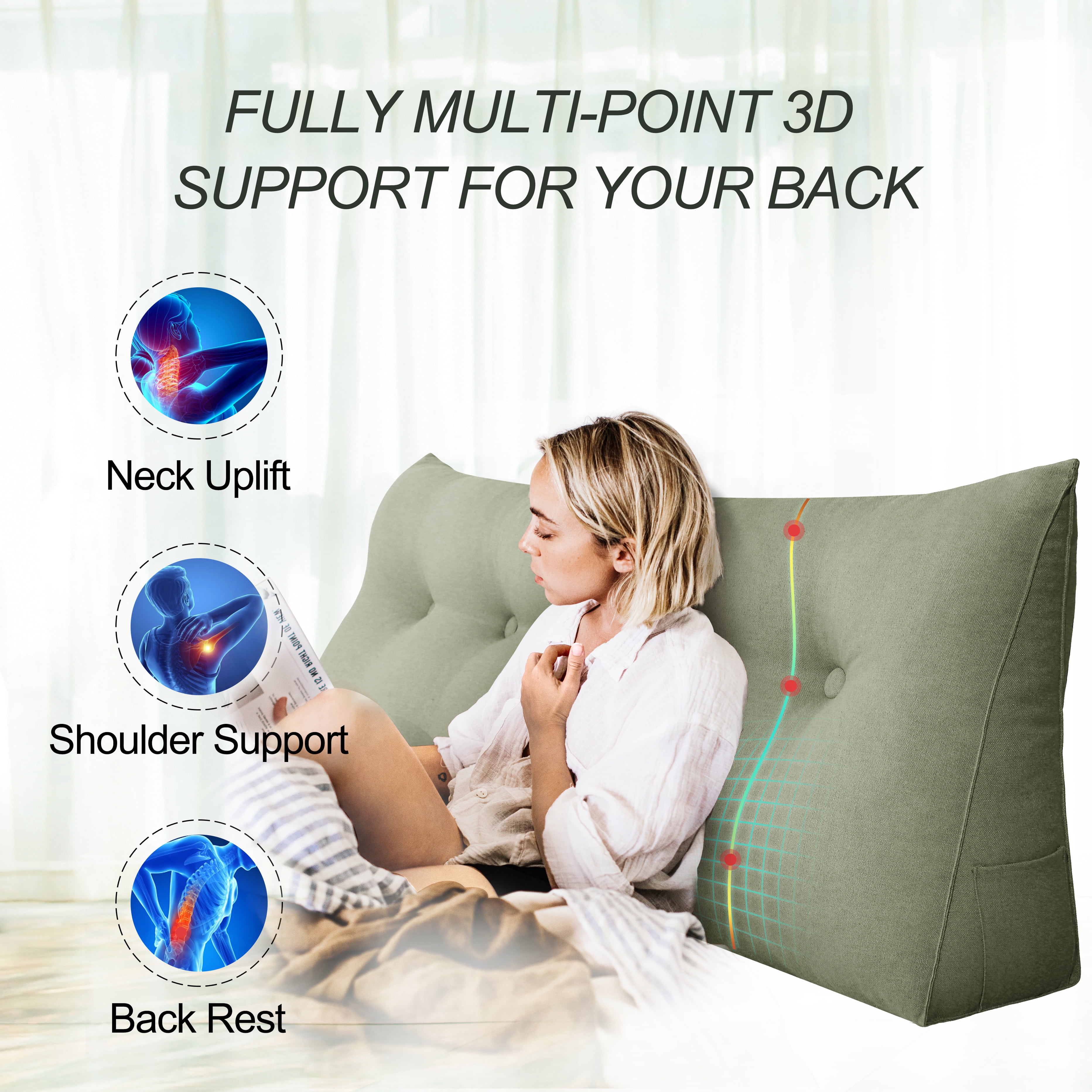WOWMAX Sofa Daybed Large Filled Triangular Wedge Cushion Bed Backrest Positioning Support Pillow Reading Pillow Office Lumbar Pad with Removable Cover Green California King
