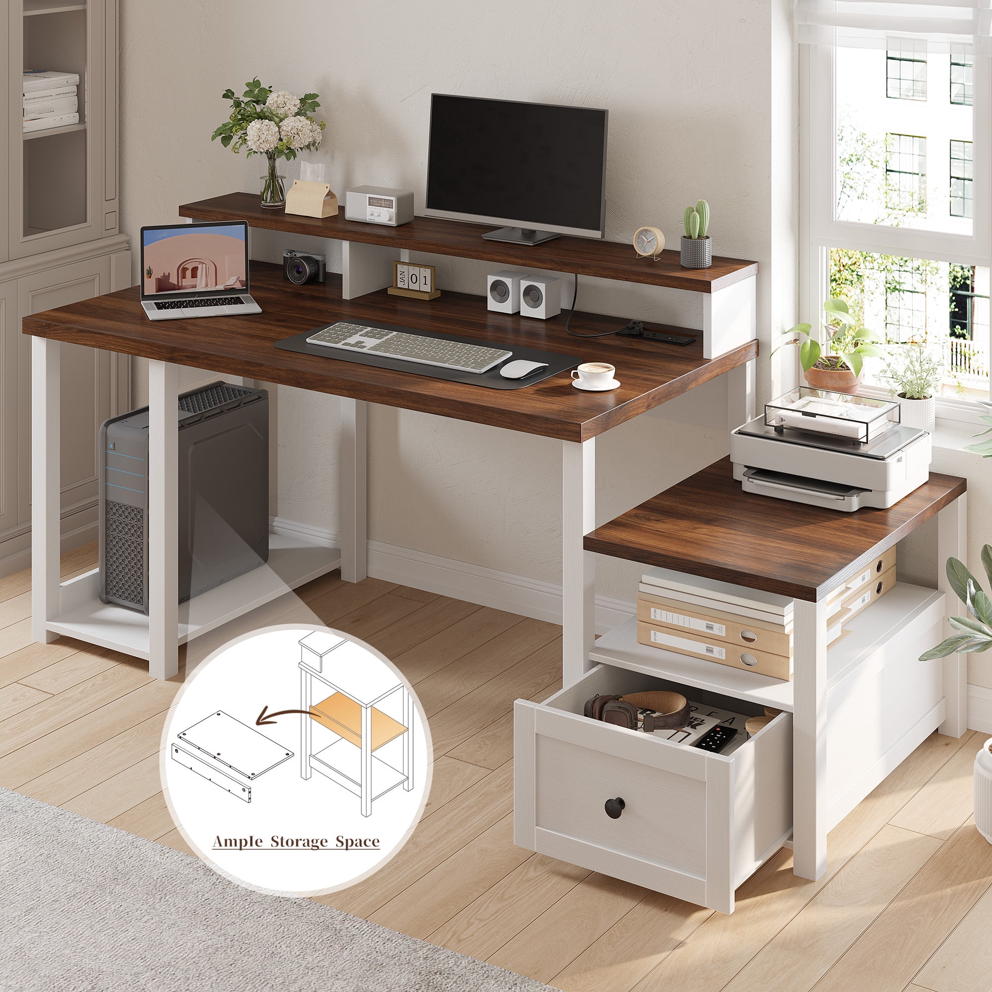 Romorgniz 60" Computer Desk Office Desk with Monitor Stand Home Office Desk with Drawers & 4 Open Storage Shelves Executive Desk with Power Outlets & LED Light for Working Writing, Brown&White