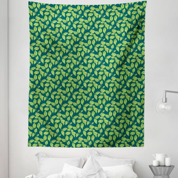Botanical Tapestry, Bicolour Nature Pattern with Repeating Jasmine Bush Leaves Print, Fabric Wall Hanging Decor for Bedroom Living Room Dorm, 5 Sizes, Dark Teal and Lime Green, by Ambesonne