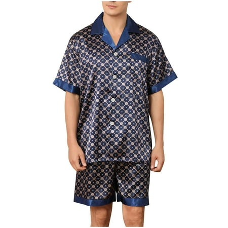 

LWZWM Men s 2 Piece Pajama Set Tee Top and Pants Lounge Set Button Short Sleeve Pajama Shorts Set Pockets Dark Blue XXL