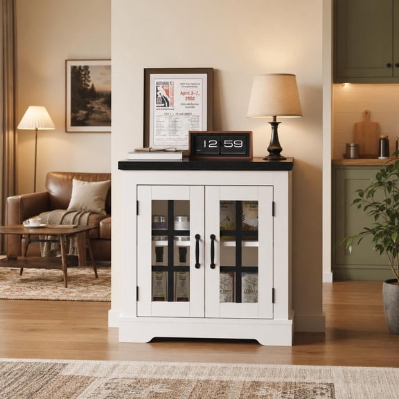 Small Buffet Cabinet with Glass Doors & Built-in Power Outlet, Walnut Top White Panel Sideboard for Home Storage