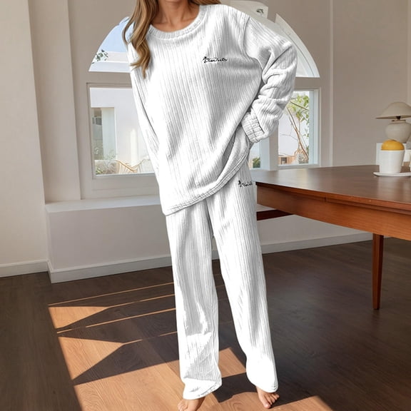 Cyglowse Womens Fleece Pajamas Sets Long Sleeve Lounge Set Jogger Sets 2 Piece Flannel Pjs Winter Sleepwear Loungewear White One Size