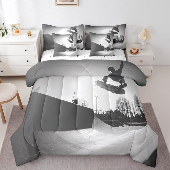 Feelyou Boys Skateboard Lover Bedding Comforter Set 7 Pieces for Kids, Street Sport Player Full Bedding Set, Modern Outdoor Game Fitted Sheet Flat Sheet, Ultra Soft Home Decor