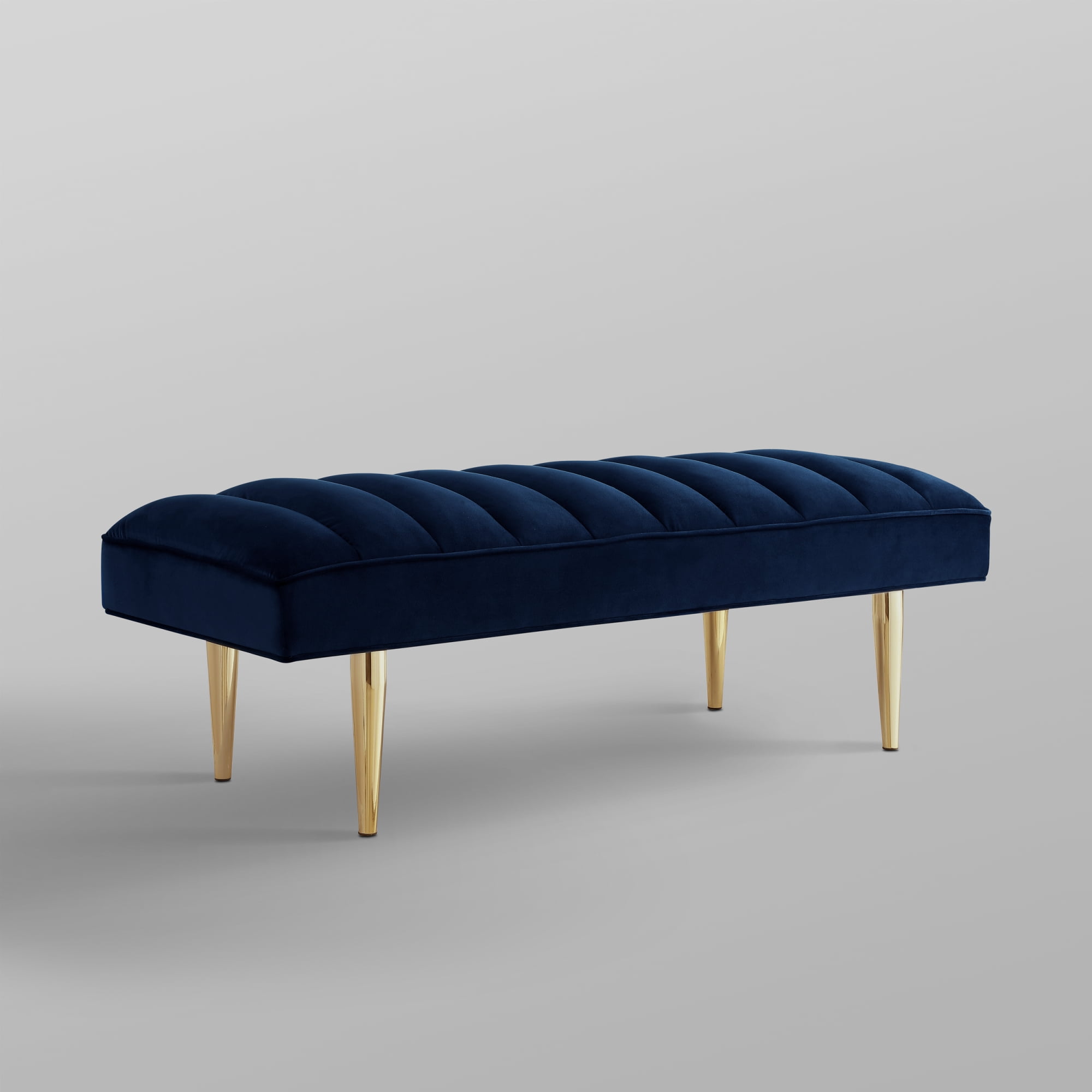 Nicole Miller Merrick Velvet Upholstered Bench Channel Tufted Mirrorred, Navy/Gold