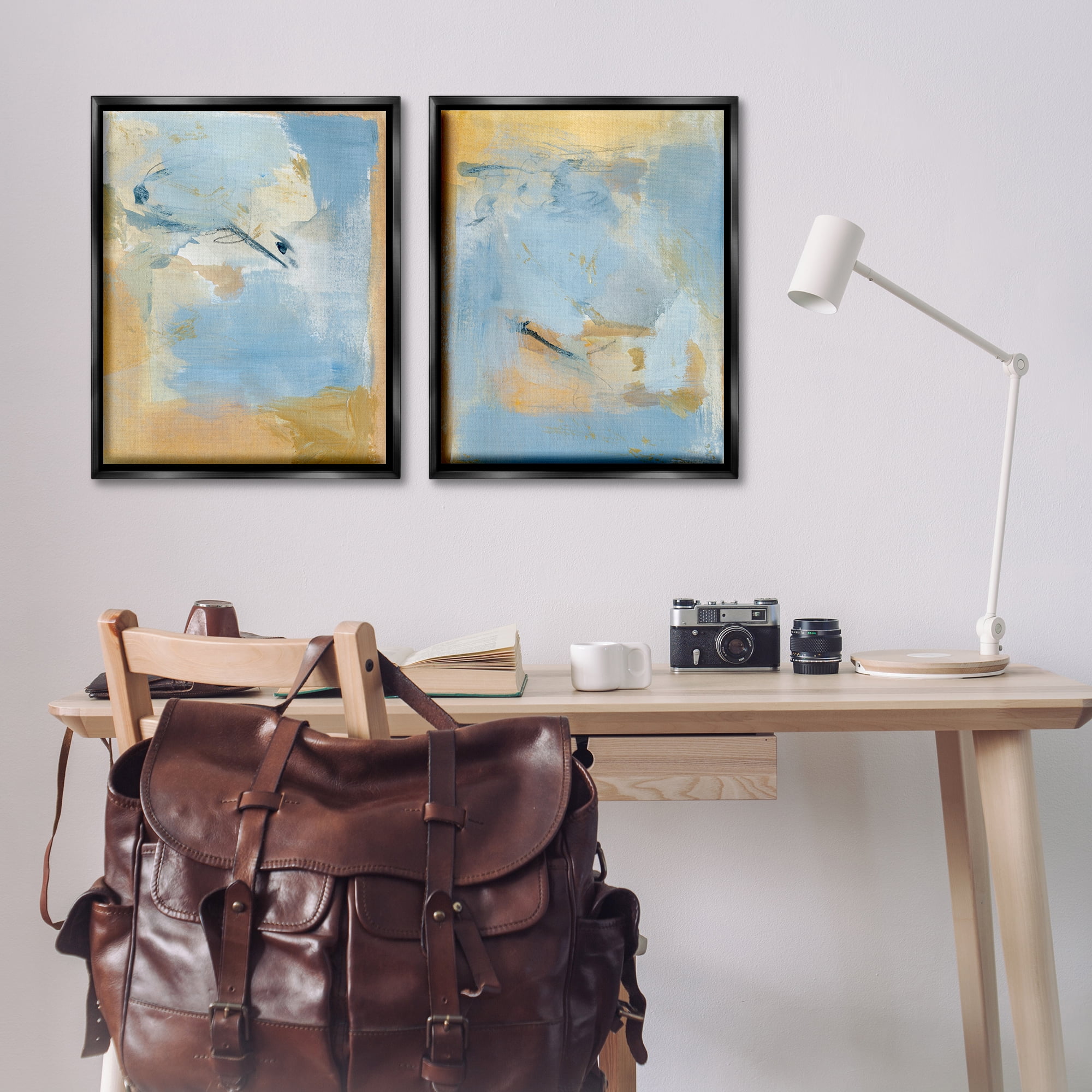 Stupell Industries Light Blue Pastel Gold Abstract Painting Black Floater Framed Canvas Art Print Wall Art, 31 x 25, Set of 2