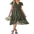 thumbnail image 1 of Femmes Boho Manches Courtes V Robe de Cou Casual Ruffle Wrap Swing Plage Sundress Été Mousseline de Soie Parti Midi Robe avec Ceinture, 1 of 5