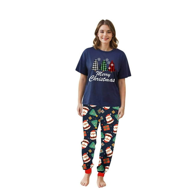 Ensemble de Pyjama Assorti pour la Famille Imprimé Décontracté avec Haut à Manches Courtes et Pantalon à Porter, Ensemble de Pyjamas Assortis pour la Famille