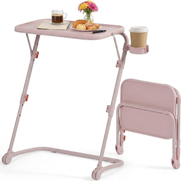 Homy Casa Adjustable TV Tray Table with Wheels and Cup Holder, Folding Laptop Desk with 4 Height Settings & 3 Tilt Angles for Couch, Bed, Sofa