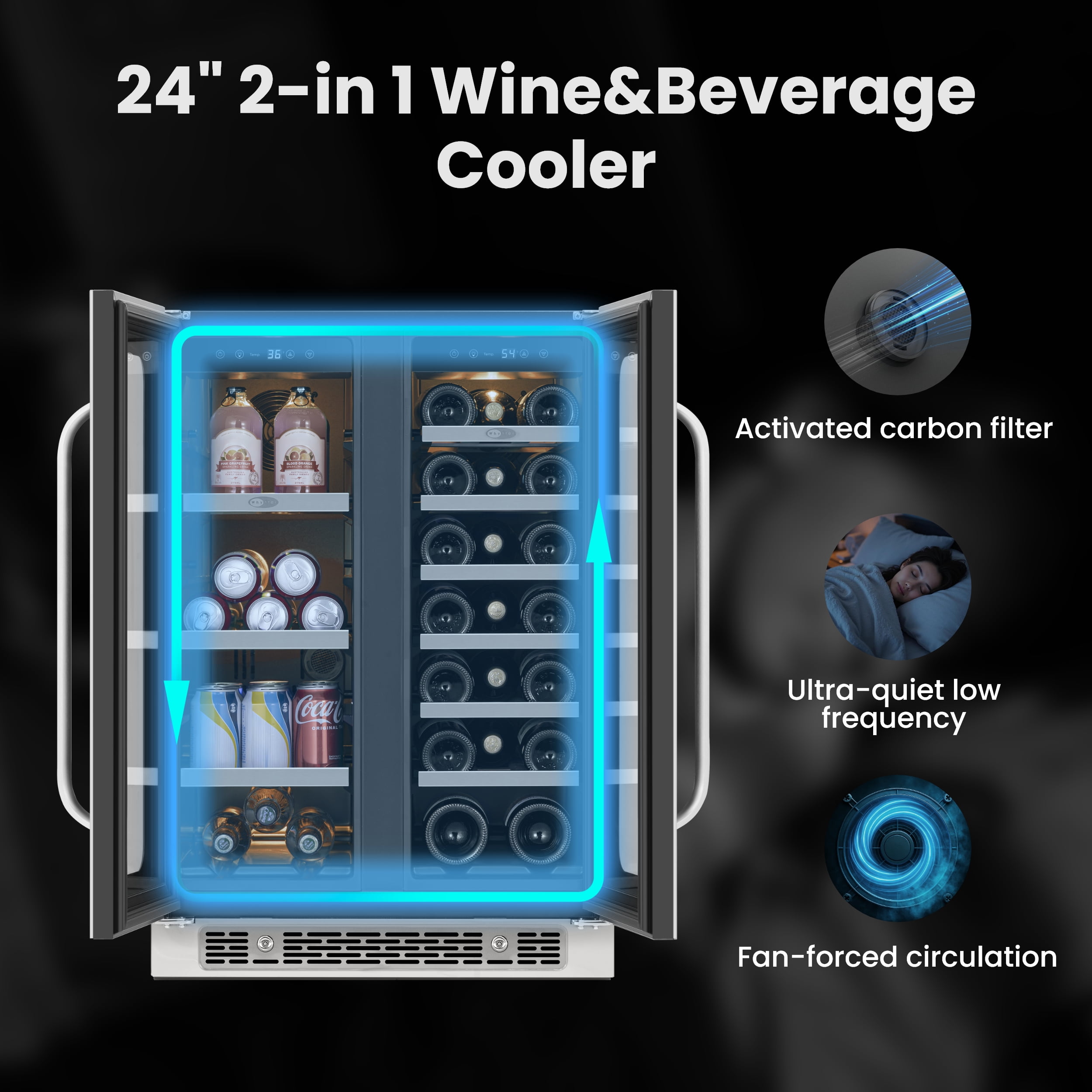 Whynter Wine and Beverage Refrigerator: 24 inch 20 Bottles 60 Cans Dual Zone Wine Fridge Glass Door for Beer Soda Wine Home Bar Office