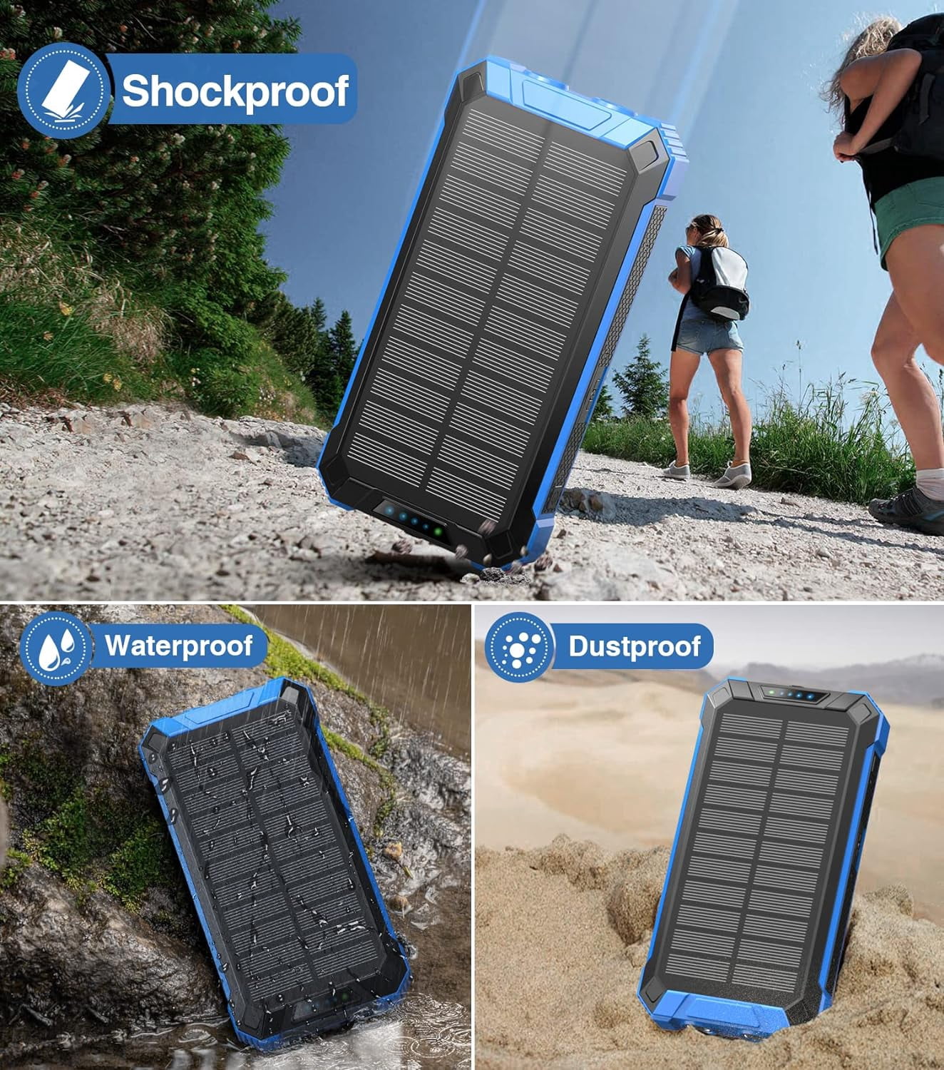 36000mAh Solar Power Bank - 15W Fast Charging Wireless Charger with Cables, Flashlights & Carabiner