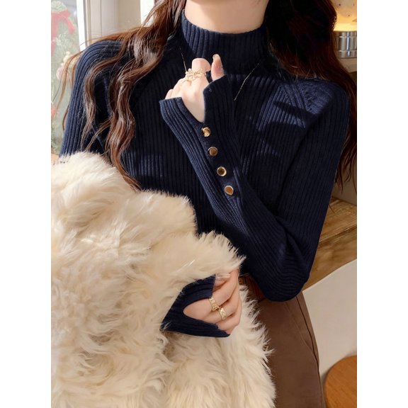 Womens Blue Ribbed Knit Sweater, Half Turtleneck With Ornamental Button