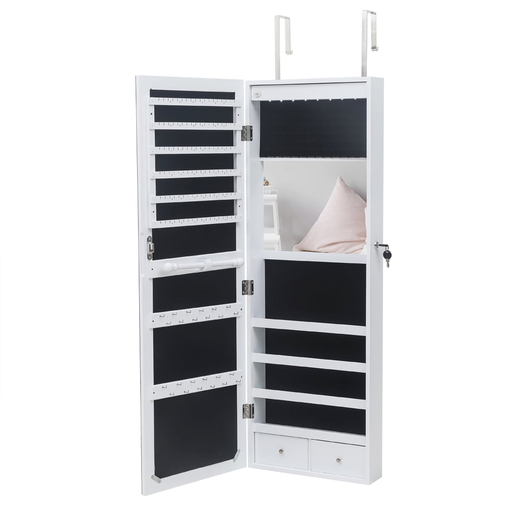 Private Jungle Full Mirror Wooden Wall Mounted 4-Layer Shelf 2 Drawers With Inner Mirror 8 Blue LED Light Jewelry Storage Mirror Cabinet - White