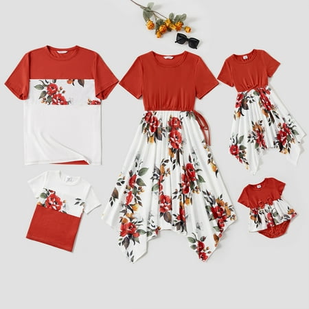 

PatPat Family Matching Solid Spliced Floral Print Asymmetric Hem Drawstring Dresses and Short-sleeve Colorblock T-shirts