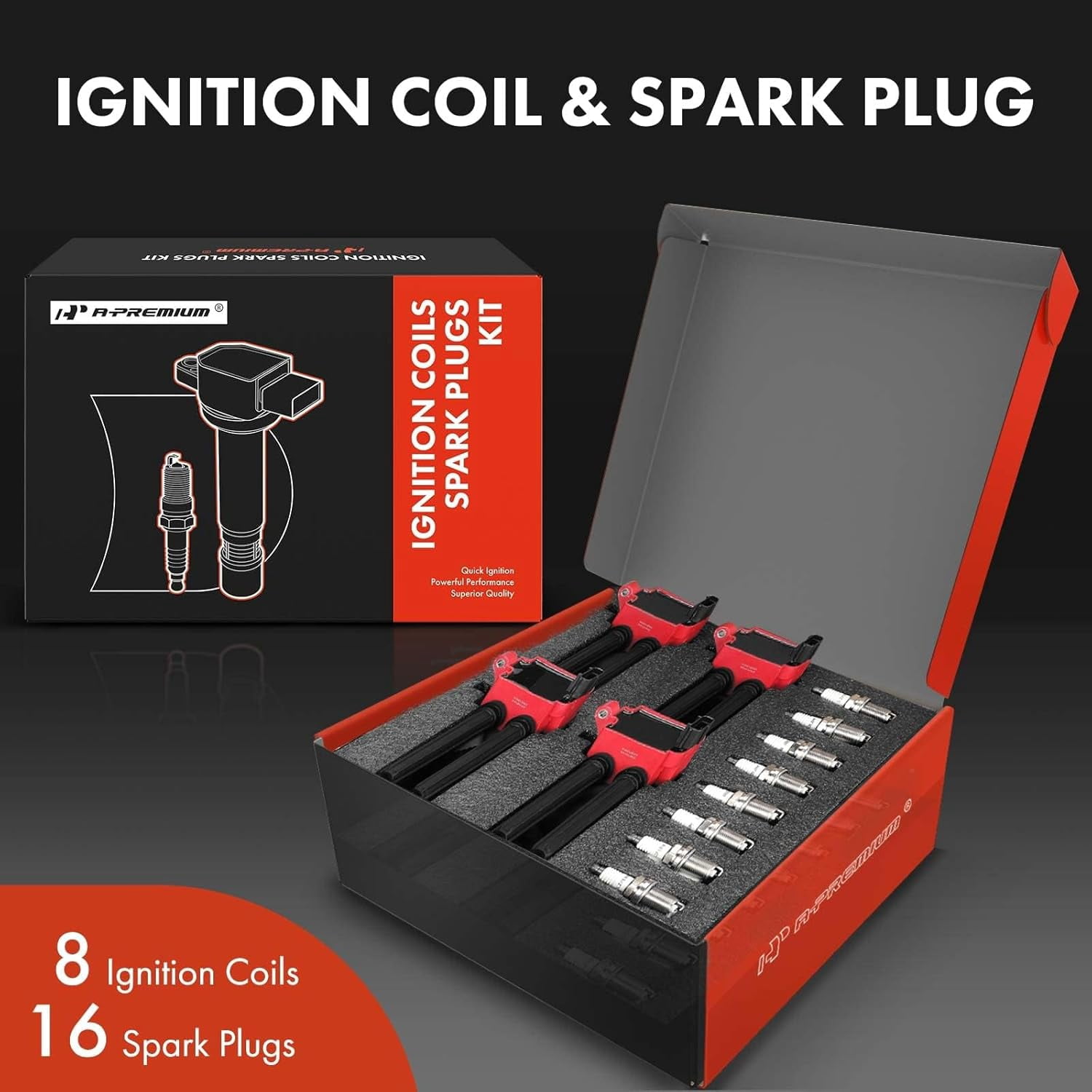 A-Premium 8x (Red) Ignition Coil Pack and 16x Iridium Spark Plugs Compatible with Dodge Ram 1500 2500 3500 Durango Challenger Charger & Jeep Grand Cherokee & Chrysler