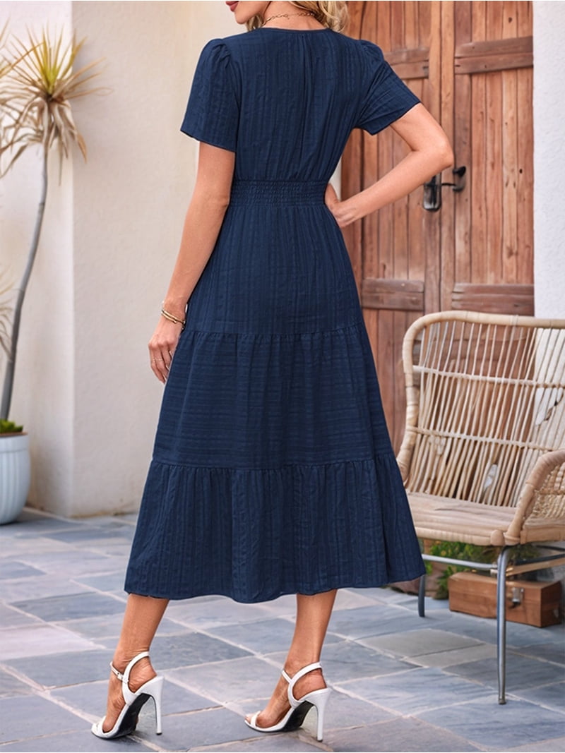 Summer Casual Short Sleeve Swing Dress with Elastic Waist, Navy Blue / S