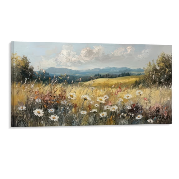 EvoNest Nature Landscape Art Wall Decor with Daisies and Mountains 1 x 48 in Framed Painting Canvas Art Prints