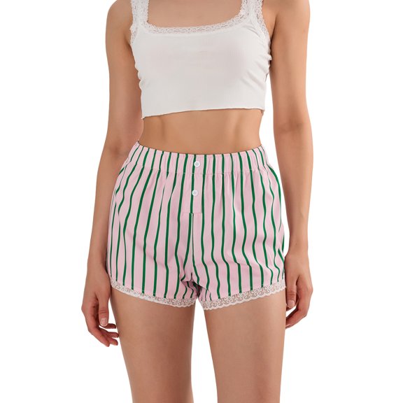 Rdhnmea Women’s Striped Print Boxer Shorts Elastic Waist Lace Trim Shorts