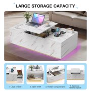 PARKWELL LED Lift Top Coffee Table for Living Room,High Glossy Center Table with Hidden Compartment, LED Lights and Bluetooth Speaker,White Cocktail Table with Storage Drawers and Shelves
