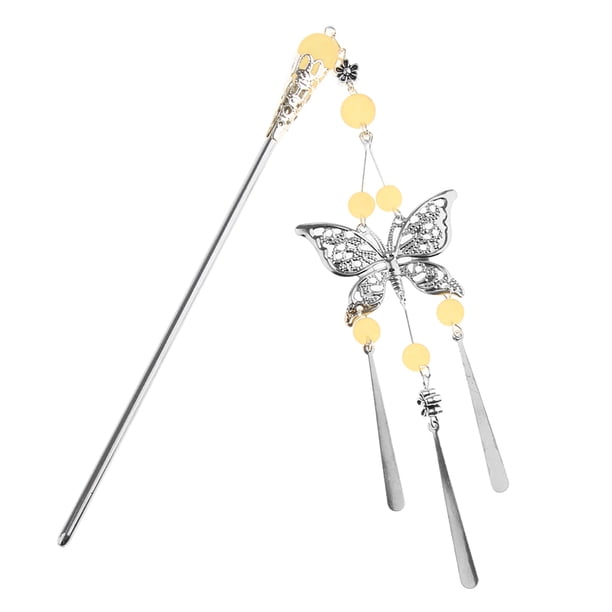 Horquilla para el cabello Sunnimix Kanzashi con mariposa japonesa borla larga Amarillo claro